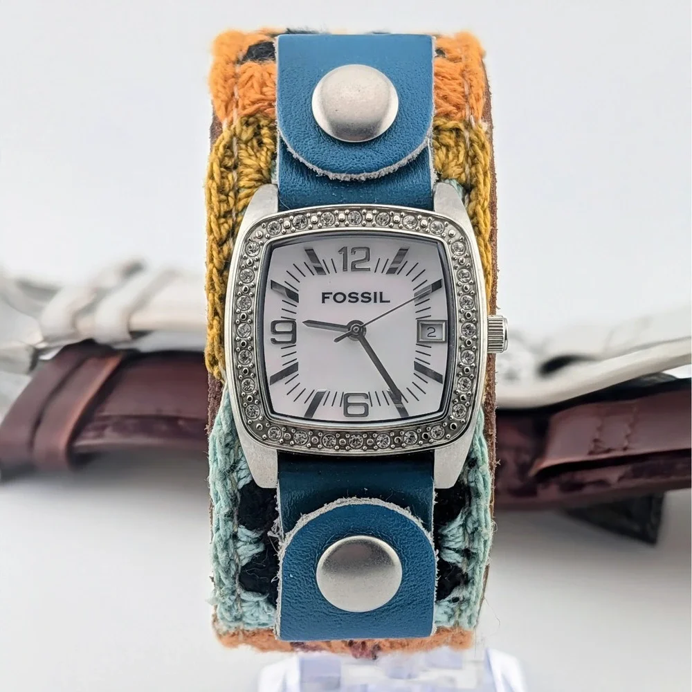 Fossil JR-8683 Women's MOP Watch Rhinestone Bezel Crochet Cuff 3 Straps Included